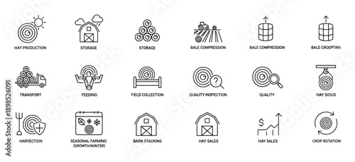 Hay production and farming line icon set showing agricultural process stages like storage, transport, feeding, harvesting, and sales in a minimalist outline style for infographics