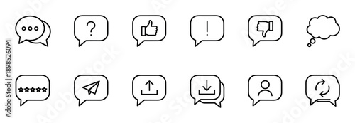 Collection of communication and feedback line icons for social media and user interface design, featuring minimalist symbols for like, dislike, rating, and messaging