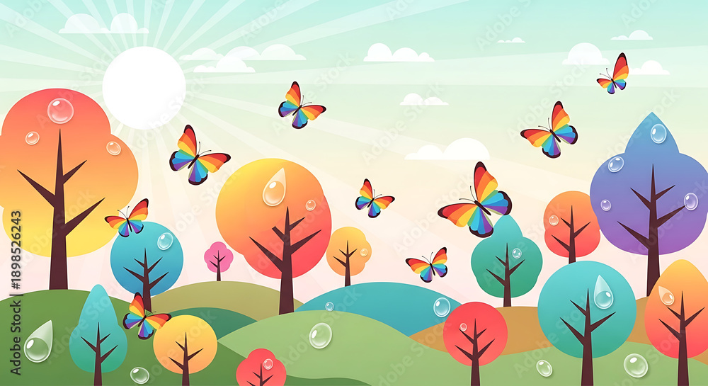 Fototapeta premium A vibrant cartoon landscape with colorful trees, butterflies, and raindrops under a bright sun.