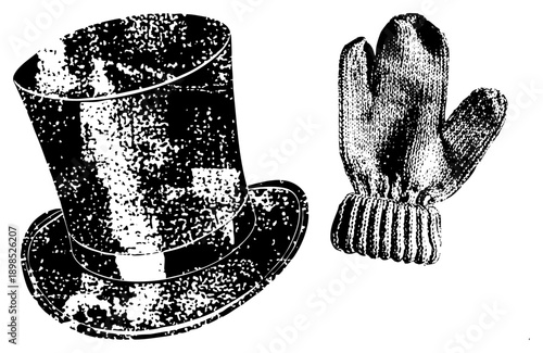 Classic top hat with brim and knit mitten with ribbed cuff, vintage fashion accessories, halftone style, isolated graphic elements.