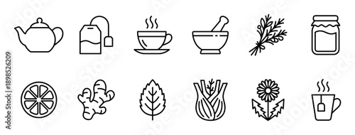 Set of black line art icons for herbal tea and natural remedies, including a teapot, teabag, lemon, ginger, honey, mint, and chamomile in a minimalist vector style