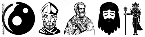 Yin yang symbol, bishop portrait, philosopher bust, bearded mystic, armored deity figure, vector art, spiritual and historical.