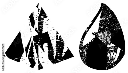 Stylized mountain range and water droplet rendered in high contrast black and white, featuring distressed halftone textures and sharp geometric shapes, ideal for graphic design or print.