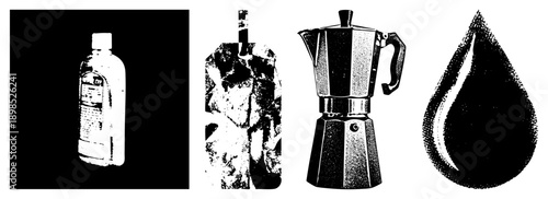 Halftone vector illustration of coffee related items bottle, filter, moka pot, and drop. Classic coffee gear, minimalist design,, graphic elements.