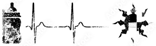 Grunge style vector baby bottle, EKG, and fragmented human figure. Medical, infant care, and emotional distress symbols., distressed texture, symbolic representation.