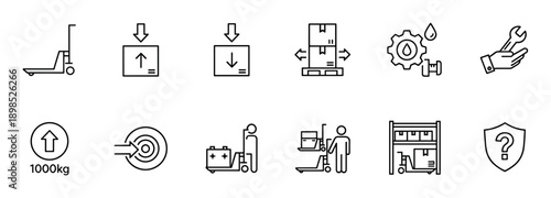 Set of black line icons for warehouse, logistics, and shipping operations, including a pallet jack, cargo boxes, maintenance tools, weight capacity, and worker pictograms