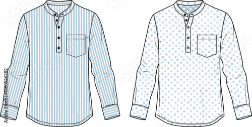 Men long sleeve shirt mockup with mandarin collar featuring striped and star pattern fabric designs, front view apparel fashion vector illustration isolated on white