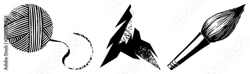 Creative design elements including yarn skein, stylized lightning, and paintbrush, ideal for graphic projects, digital art, or studio branding. Craft supplies, artistic symbols, vector.