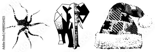 Stylized vector featuring a spider with segmented legs, an elephant in polygonal form, and a Santa hat with halftone texture, all in.
