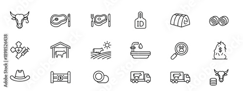Set of black line icons for the cattle farming and beef production industry, featuring minimalist symbols for livestock, agriculture, meat products, veterinary care, and commerce