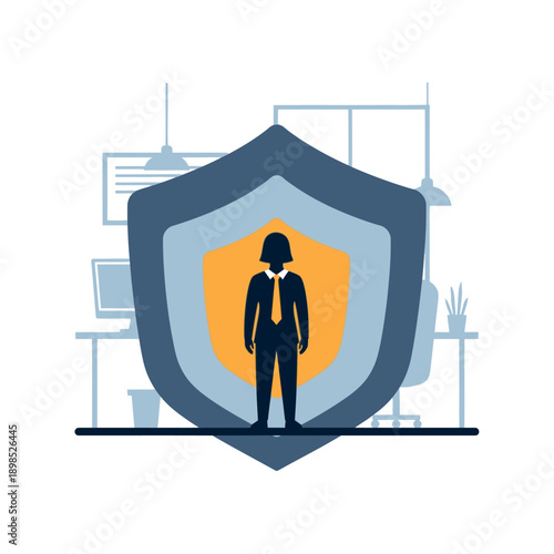 Woman protected by shield icon in office setting.
