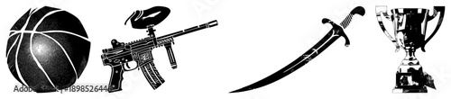 Sports and victory symbols basketball, paintball marker, scimitar sword, trophy cup. Vector for gaming, sports, achievement themes. Halftone texture,, isolated elements.