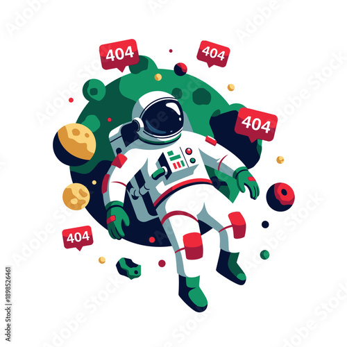Astronaut floating in space surrounded by error messages and digital debris.
