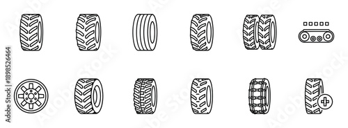 Set of black line icons depicting various vehicle tires, wheels, and tracks for cars, trucks, and tractors, designed in a clean, minimalist outline style for automotive concepts