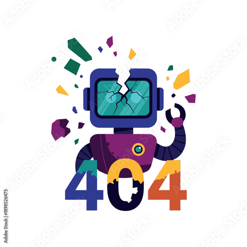 Colorful Robot Character with Broken Screen and 404 Error Message.