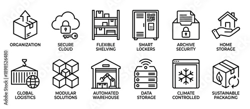 Set of twelve black line icons illustrating concepts for storage, logistics, and organization services, including smart lockers, global shipping, and automated warehouse solutions
