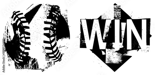 Baseball with seams and “WIN” text in bold, distressed style, sports graphic, motivational design, black and white vector art.