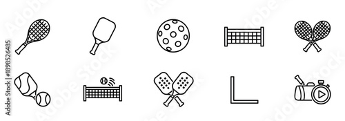 Set of black line art icons for racket sports including tennis and pickleball equipment like paddles, rackets, balls, and nets in a simple minimalist vector style