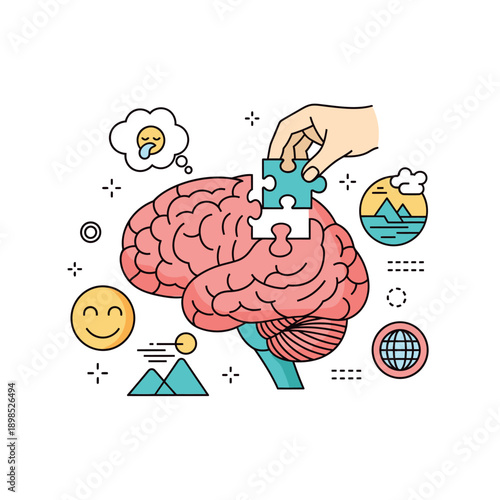 Human Brain Puzzle Piece Illustration with Emotions and Ideas.