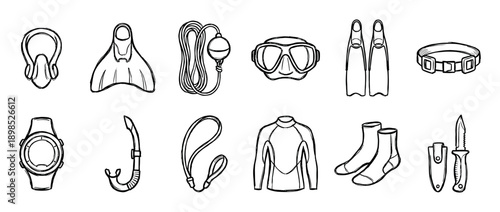 Hand-drawn scuba diving and snorkeling gear set featuring a mask, fins, snorkel, wetsuit, and dive computer in a black and white line art doodle illustration