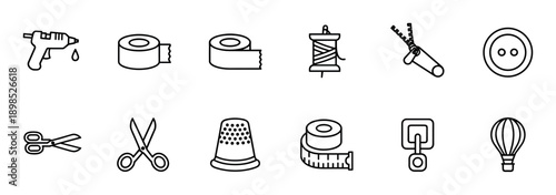 Set of black line art icons for sewing and crafting including scissors, thread, a button, tape, and a thimble in a minimalist graphic style for creative hobby and DIY projects