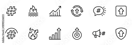 Set of black line art icons for social media trends and digital marketing, a minimalist collection of symbols representing growth, popularity, hashtags, charts, and engagement