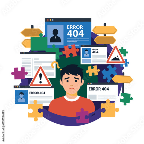 Frustrated man surrounded by error messages and puzzle pieces.