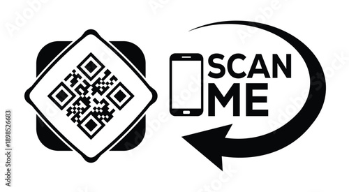 Black and white QR code with bold "SCAN ME" text, smartphone icon, and curved arrow—ideal for mobile interaction, digital marketing, and tech-themed promotional materials.