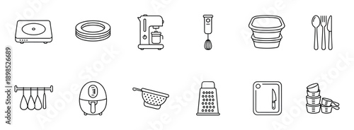 Set of kitchen utensil and appliance icons in a minimalist line art style showing a mixer, air fryer, grater, and cutlery for cooking and food preparation concepts