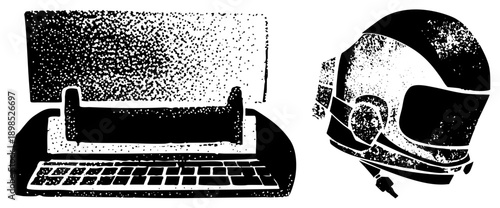Retro typewriter with keys and carriage, racing helmet with visor, halftone dot, vector art, isolated graphic elements.