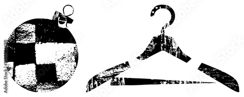 Black and white halftone ornament with bow, wooden hanger silhouette, rustic decor elements, graphic design, festive or wardrobe symbols.