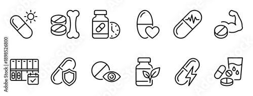 Set of black line icons representing various pills, vitamins, and supplements for health, showing symbols for heart, immunity, energy, bone strength, and medication schedules