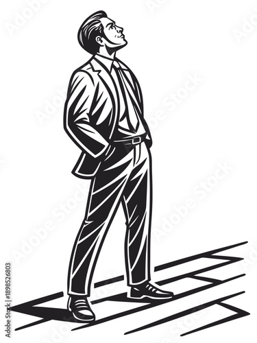 A confident businessman standing upright, wearing a suit and tie, hands crossed, linocut style line art vector illustration, bold thick carved lines, high contrast black and white, vintage printmaking