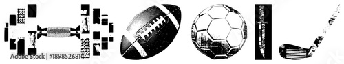 Classic American football, soccer ball, golf club, hockey stick, and dumbbell rendered in gritty halftone style, isolated vector graphics for sports branding or retro design projects.