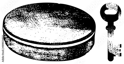 Antique key and round lock plate rendered in halftone dot, vector graphic, isolated elements, mechanical security, classic lock mechanism.