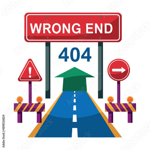 Road blocked with wrong end sign and 404 error message.