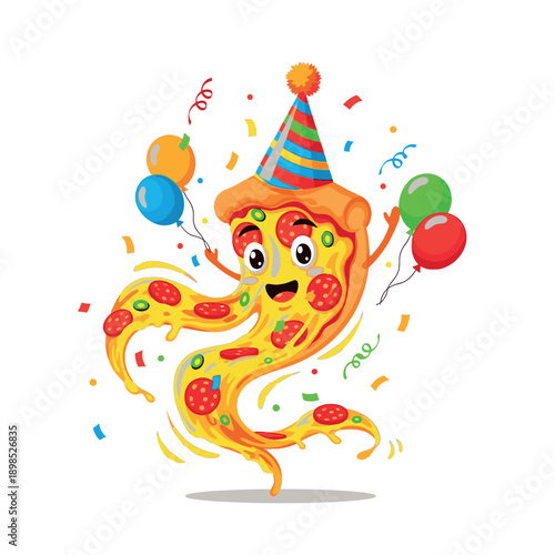 A cartoon pizza character celebrating with balloons and confetti.