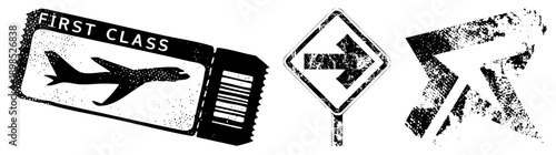 Grunge style travel ticket with airplane, directional road sign, and abstract arrow stencil, all in with distressed texture. Synonyms travel pass, wayfinding symbol, directional graphic.