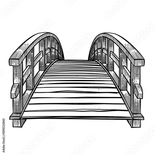 Bridge Wooden Garden Vector Line Art Hand Drawn Illustration