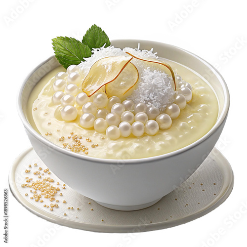 Delicious sago pearl pudding with creamy coconut sauce