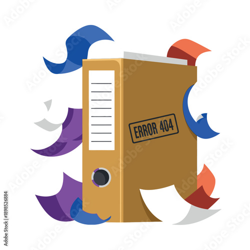 Error 404 File Folder with Papers Flying Out.
