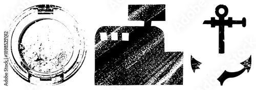 Nautical symbols rendered in halftone dot, including ship wheel, submarine silhouette, and anchor, ideal for maritime design or retro themed graphics.