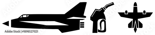 Military jet fighter silhouette, fuel nozzle, aircraft top down view, aviation symbols, vector graphic, aviation industry, flight equipment.