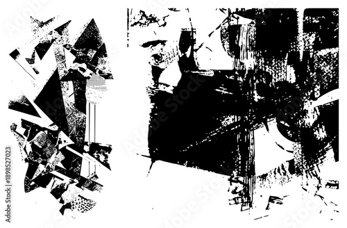 Bold halftone abstract shapes, fragmented vector art, graphic design elements, stark contrast composition, modern art piece, digital glitch aesthetic, isolated vector graphic.