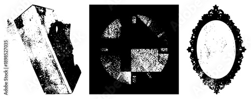 Antique oval mirror with decorative filigree border, classic wall decor, vintage framing, ornamental silhouette, black and white vector art.