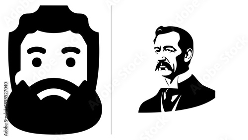 Minimalist black silhouette of bearded man, historical bust portrait, vector graphic, flat design,, isolated figures, symbolic representation.