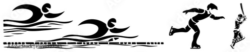 Stylized black vector of athletes swimming, ice skating, baseball batting minimalist, motion focused, sport themed graphic elements.