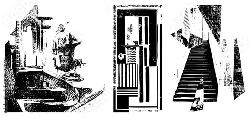 Gothic and motifs rendered in halftone, paired with abstract staircase geometry, vector art, architectural fragments, stylized urban design, black and white graphic.