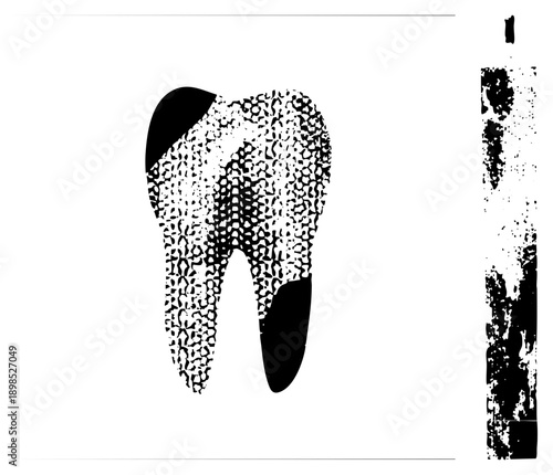 Dental featuring halftone, tooth silhouette, medical graphic, dental care symbol, black and white design, isolated tooth illustration.