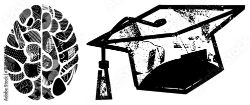 Educational featuring brain with hemispheres and graduation cap with tassel, representing learning,, and scholarly success.